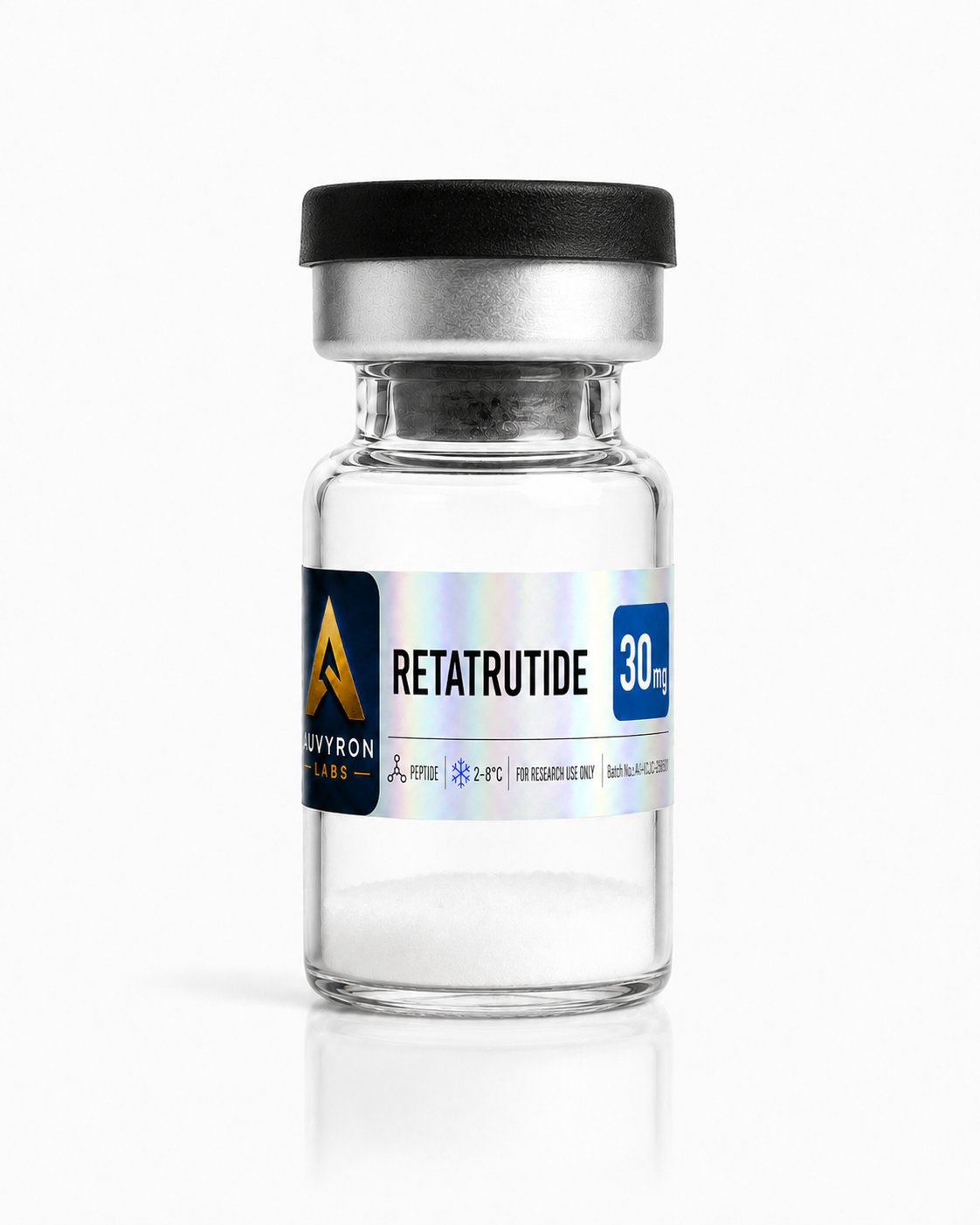 Supplied AUVYRON vial photograph: Retatrutide 30 mg