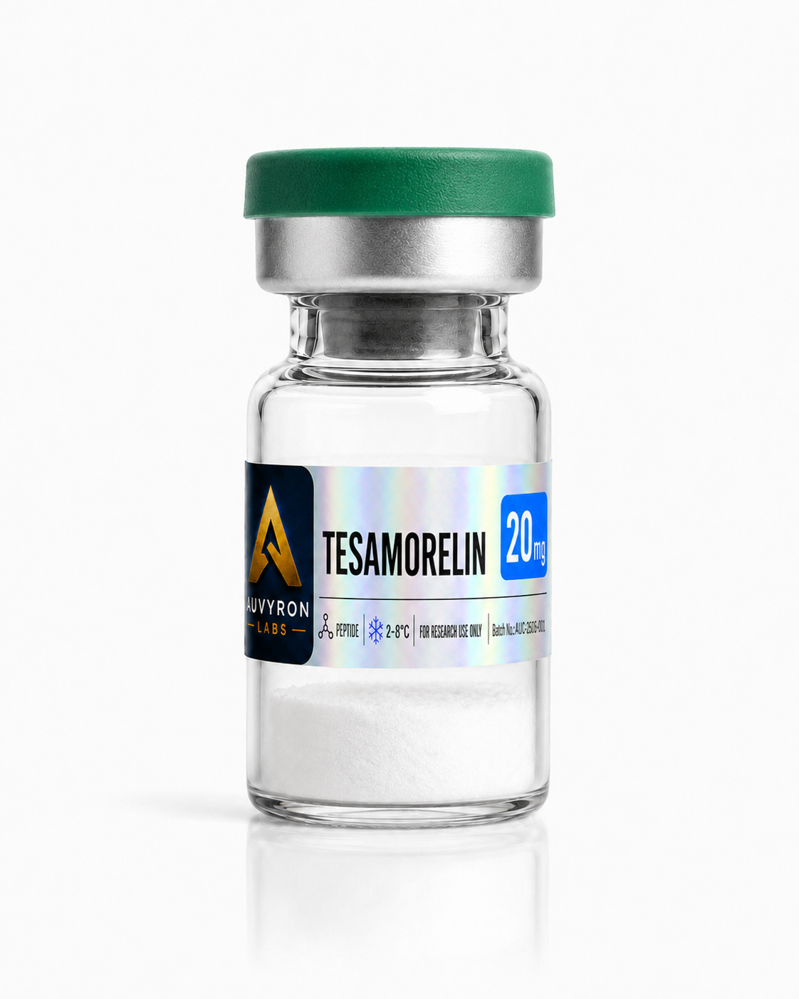 Supplied AUVYRON vial photograph: Tesamorelin 20 mg